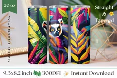Lemur Tumbler Wrap Design, Neon Tropical Leaves Tumbler PNG Product Image 1
