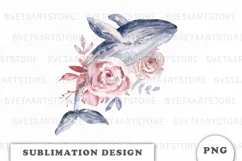 Watercolor Whale with Flowers png Product Image 1