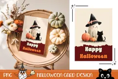 Cartoon Halloween Greeting Card PNG, Halloween Cat Wall Art Product Image 1