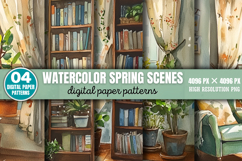 Watercolor Spring Scenes Digital Paper Background Bundle PNG Product Image 2