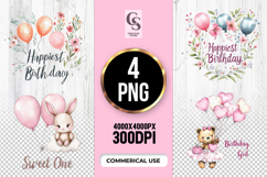 Cute Birthday Bunny Bear Balloon Clipart Sublimation PNG Product Image 1
