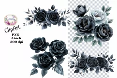 Flowers, Black, Ephemera, PNG, watercolor, Clipart Product Image 1