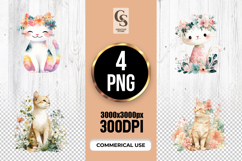 Floral Watercolor Cat Clipart PNG Product Image 1
