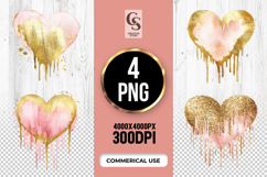 Gold Dripping Watercolor Heart Clipart Sublimation PNG Product Image 1