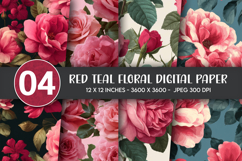 Red teal floral digital paper Product Image 1