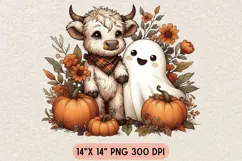 Retro Halloween Ghost And Highland Cow Png, Floral Fall Png. Product Image 1