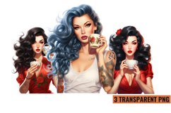 Watercolor Vintage Pin Up Asian Coffee Clipart PNG Product Image 1