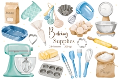 Watercolor Baking Supplies Clipart Set, Kitchen Utensils PNG Product Image 1