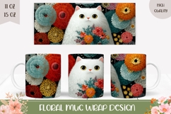 Cartoon Cat Mug PNG, Floral Mug, White Cat With Flowers Product Image 1
