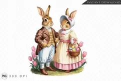 Easter Bunnies In Victorian Dress With Tulips PNG Product Image 1