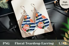Floral Teardrop Earrings PNG, Blue Stripes Teardrop Earrings Product Image 1