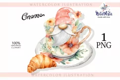 Watercolor gnome in a mug of tea with cookies, Gnome PNG Product Image 1