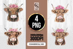 Highland Cow Rose Crown Clipart Sublimation PNG Product Image 1