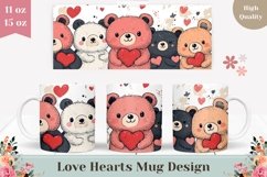 Cartoon Bears Mug Wrap, Love Hearts Mug Sublimation PNG Product Image 1