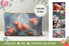 Pink Roses Cosmetic Bag, Floral Cosmetic Bag Print Product Image 1