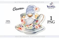 Watercolor gnome in a mug of tea with cookies, Gnome PNG Product Image 1