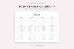 2026 Year Calendar, Landscape, Printable, A4/Letter Size Product Image 1