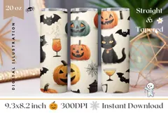 Black Cat Tumbler Wrap, Cartoon Halloween Bats Tumbler Product Image 1