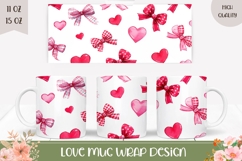 Love Hearts Mug Wrap Design, Pink Bows Mug Template Product Image 1