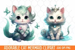 Adorable Cat Mermaid Clipart, Watercolor Clipart Product Image 1