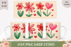 Cartoon Love Hearts Mug Wrap, Flowers Mug Sublimation Product Image 1