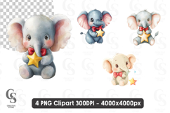 Cute Baby Elephant with Star Watercolor Clipart Sublimation Product Image 1