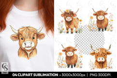 Floral Highland Cow Face Clipart Sublimation PNG Product Image 1