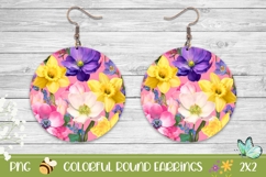 Pink Round Earrings, Flowers Earrings Print Product Image 1