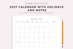 2027 Monthly Calendar with Holidays &amp; Notes, Printable Product Image 1