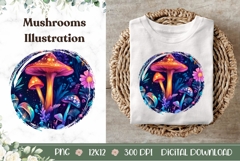 Forest Illustration, Cartoon Neon Mushrooms PNG Product Image 1