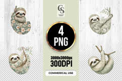 Floral Sloth Watercolor Clipart Sublimation PNG Product Image 1