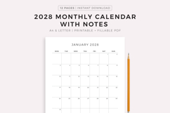 2028 Monthly Calendar with Notes, Printable &amp; Fillable PDF Product Image 1