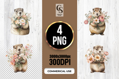 Watercolor Marmot Holding Flowers Clipart Sublimation PNG Product Image 1