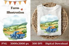 Blue Farm Truck Illustration, Farm Pumpkins Sublimation PNG Product Image 1