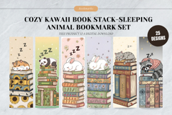 Cozy Kawaii Book Stack Bookmark Set,Printable Sleeping Anima Product Image 1