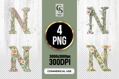 Floral Letter N Watercolor Alphabet Clipart Sublimation PNG Product Image 1
