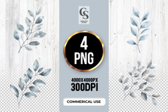 Blue Gray Leaf Watercolor Botanical Clipart Sublimation PNG Product Image 1