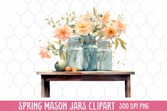 Flower Mason Jar Clipart, Watercolor Mason Jar Sublimation Product Image 1