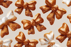 A festive pattern of gold and white glitter bows on a beige Product Image 1