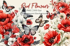 Watercolor Red Flower Garden Butterfly clipart Product Image 1
