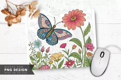 Butterfly and Flowers Coloring Mouse Pad PNG Design Product Image 1
