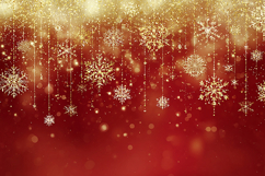 A festive red and gold background with hanging snowflakes Product Image 1