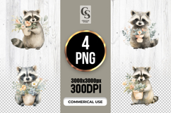 Cute Raccoon With Flowers Watercolor Clipart Sublimation PNG Product Image 1