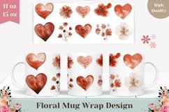 Red Love Hearts Mug Design, Watercolor Flowers Mug Template Product Image 1