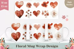 Red Love Hearts Mug Design, Watercolor Flowers Mug Template Product Image 1