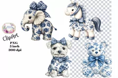 Blue Toile, Ephemera, Dog, Bear, Nursery, PNG, Clipart Product Image 1