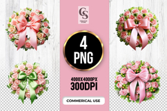 Pink Rose Wreath With Ribbons Clipart PNG Product Image 1