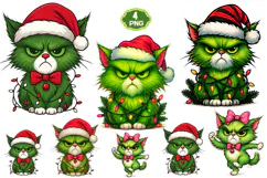 Green Angry Christmas Cat PNG, Merry Christmas Sublimation Product Image 1