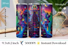 Sugar Skull Tumbler Wrap, Neon Cactus Tumbler Sublimation Product Image 1