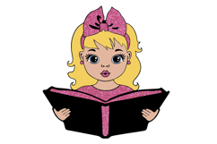 Blonde Girl Reading Book SVG Pink Glitter Bow School Clipart Product Image 1